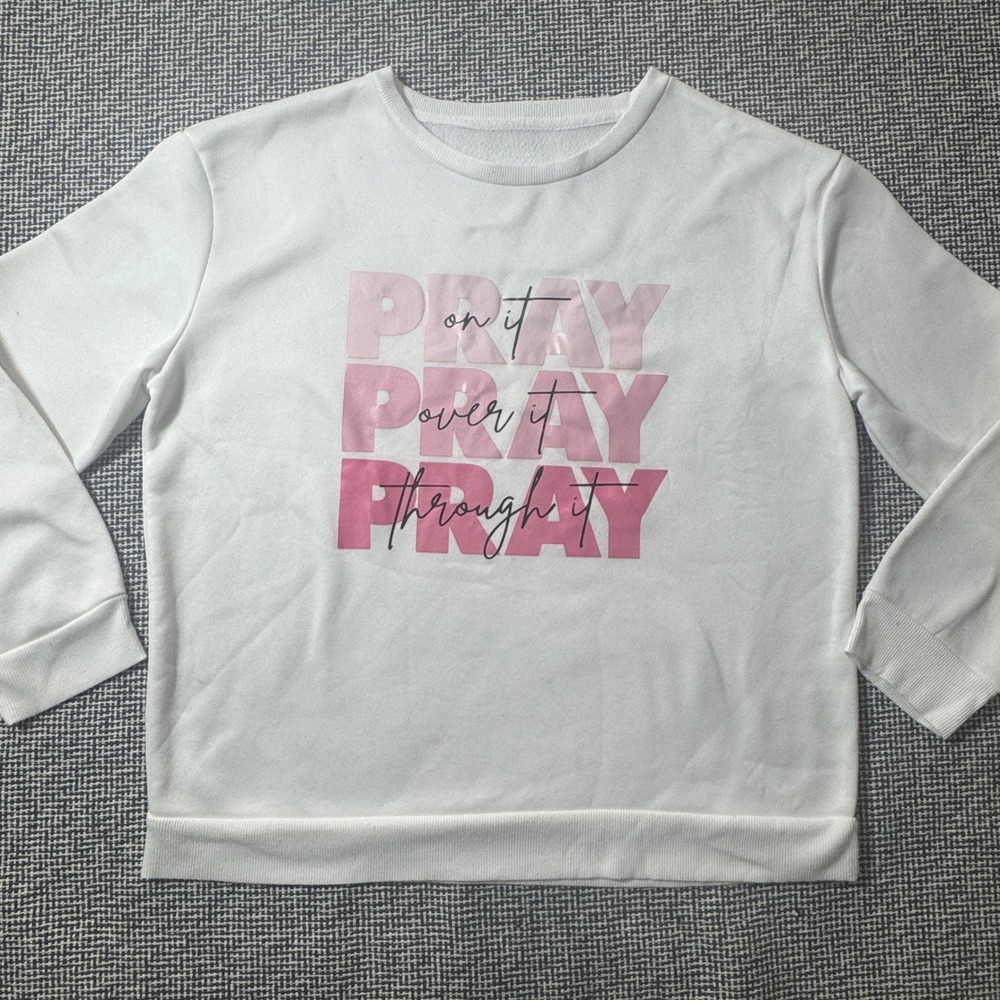 SHEIN White Pray On It Over Through It Pink Ombre Graphic Sweatshirt Large L